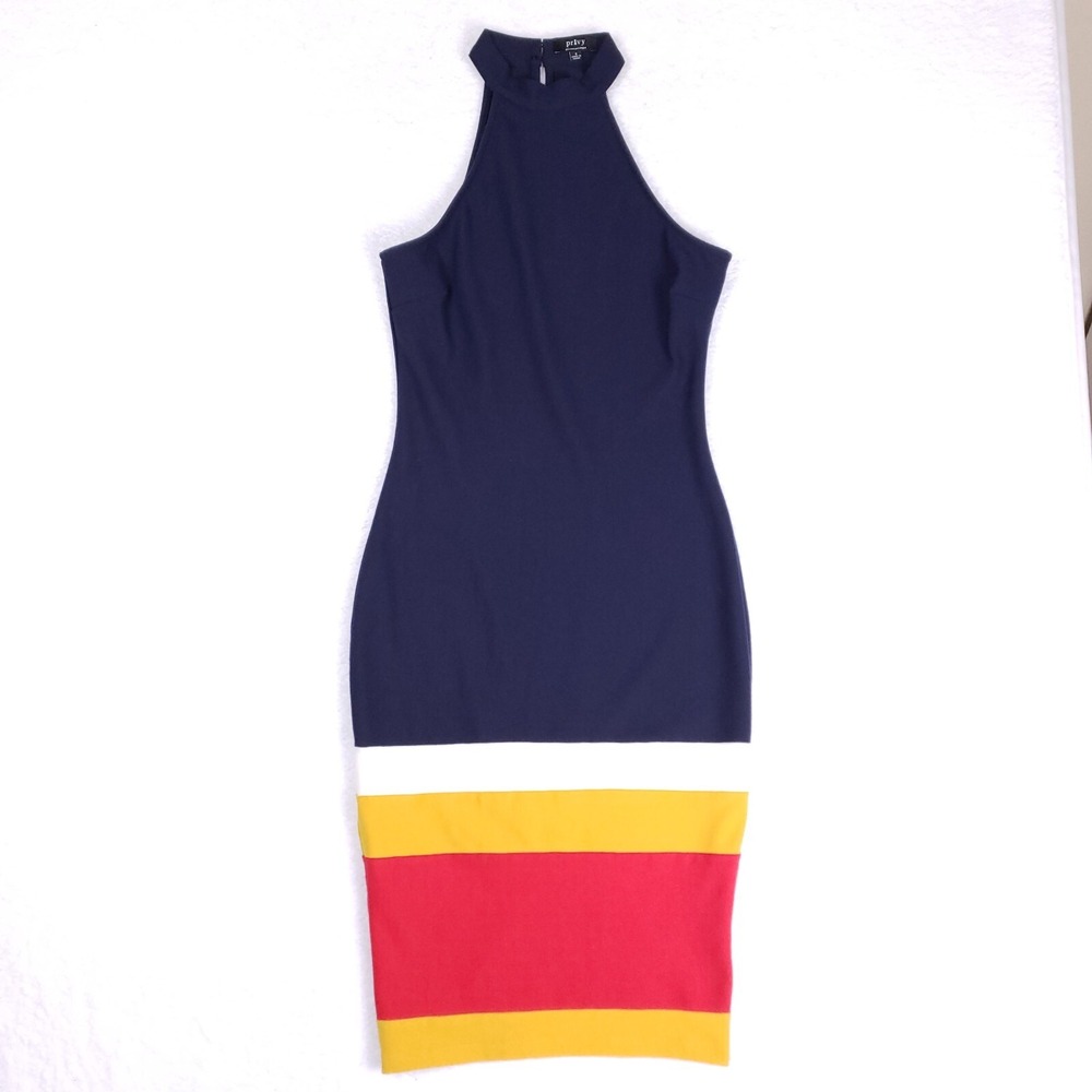 Privy Colorblock Bodycon Midi Dress Women Small Halter High Neck Sleeveless Chic